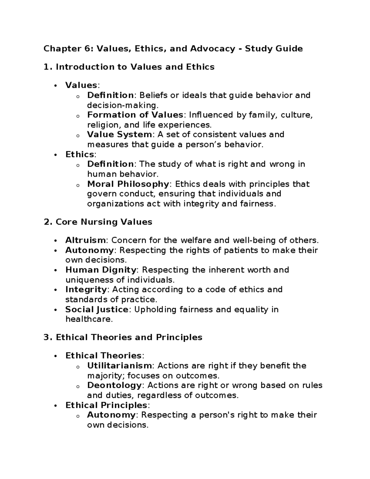 Exam 1 Study Guide: Ch. 6 Values and Ethics in Nursing - Studocu