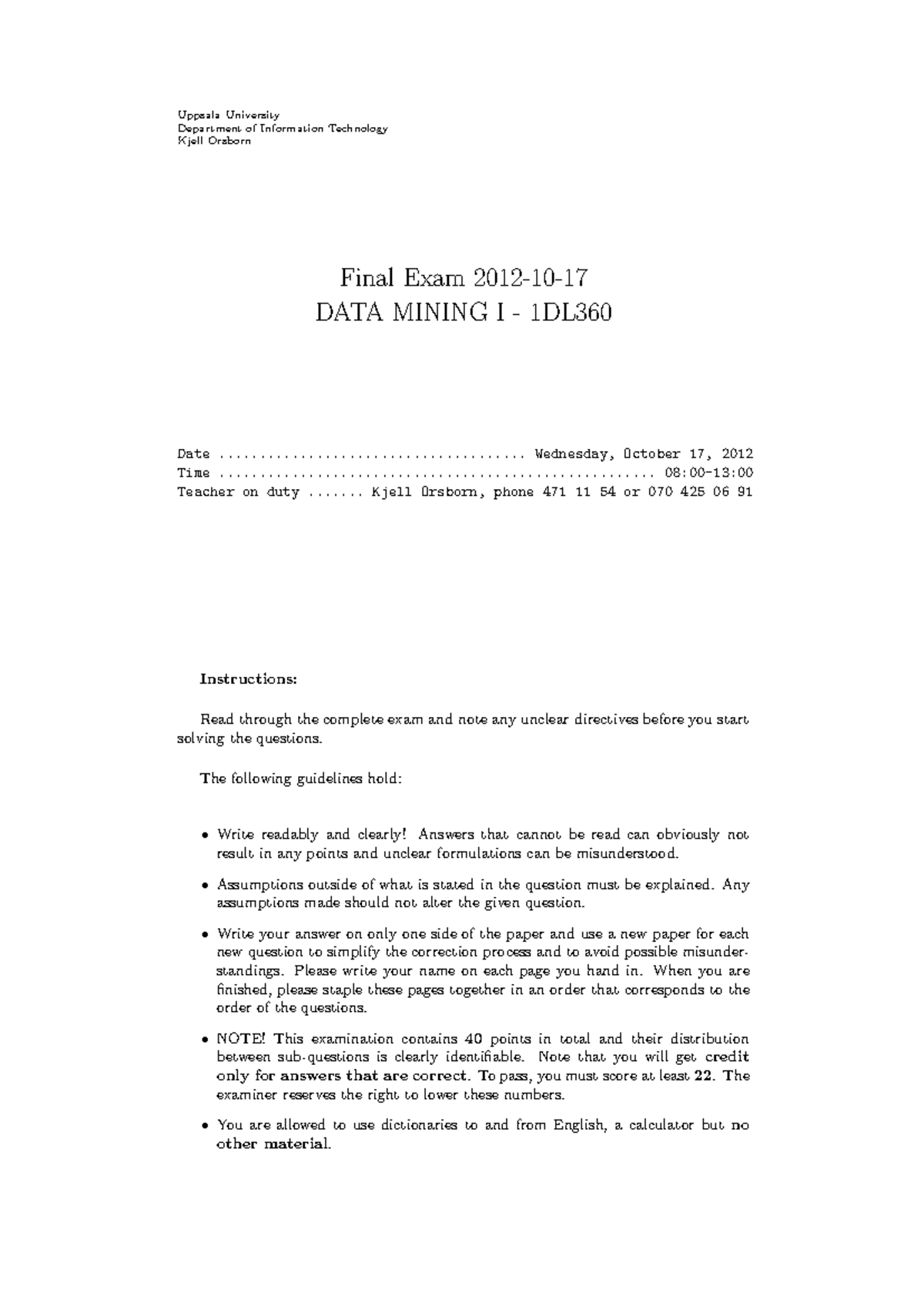 Final Exam Questions & Answers for Data Mining I (1DL360) - Oct 2012 ...
