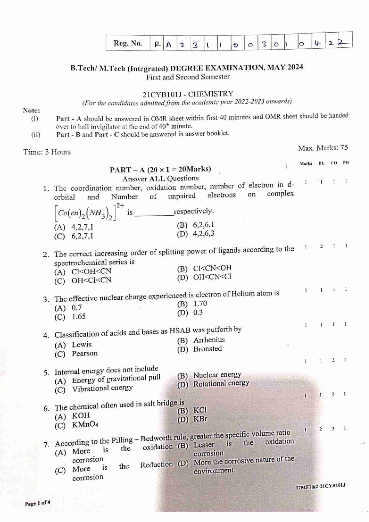 21CYB101J Chemistry Important Questions for M.Tech (Integrated) Degree ...