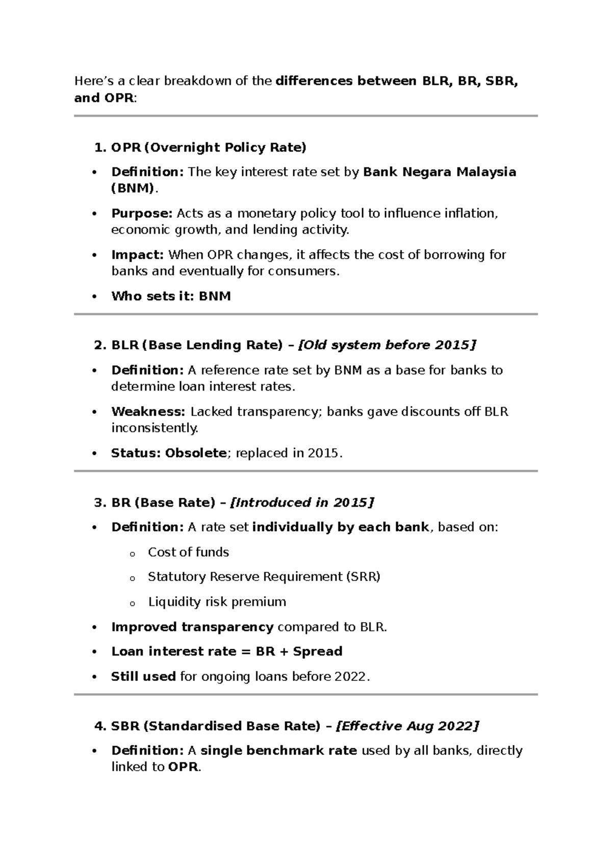 SBR, BLR, BR, OPR: Key Differences Explained for Finance Students - Studocu