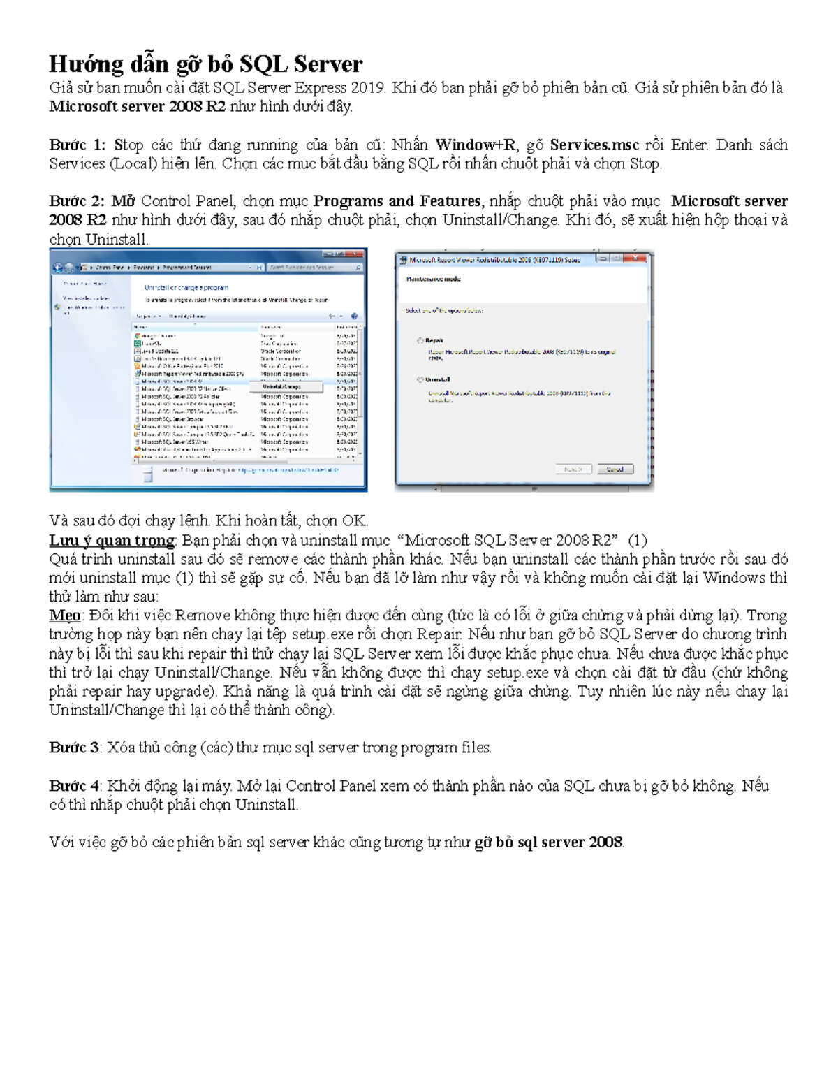 Hướng Dẫn Gỡ Bỏ SQL Server 2008 R2 - Cài Đặt SQL Server Express 2019 ...
