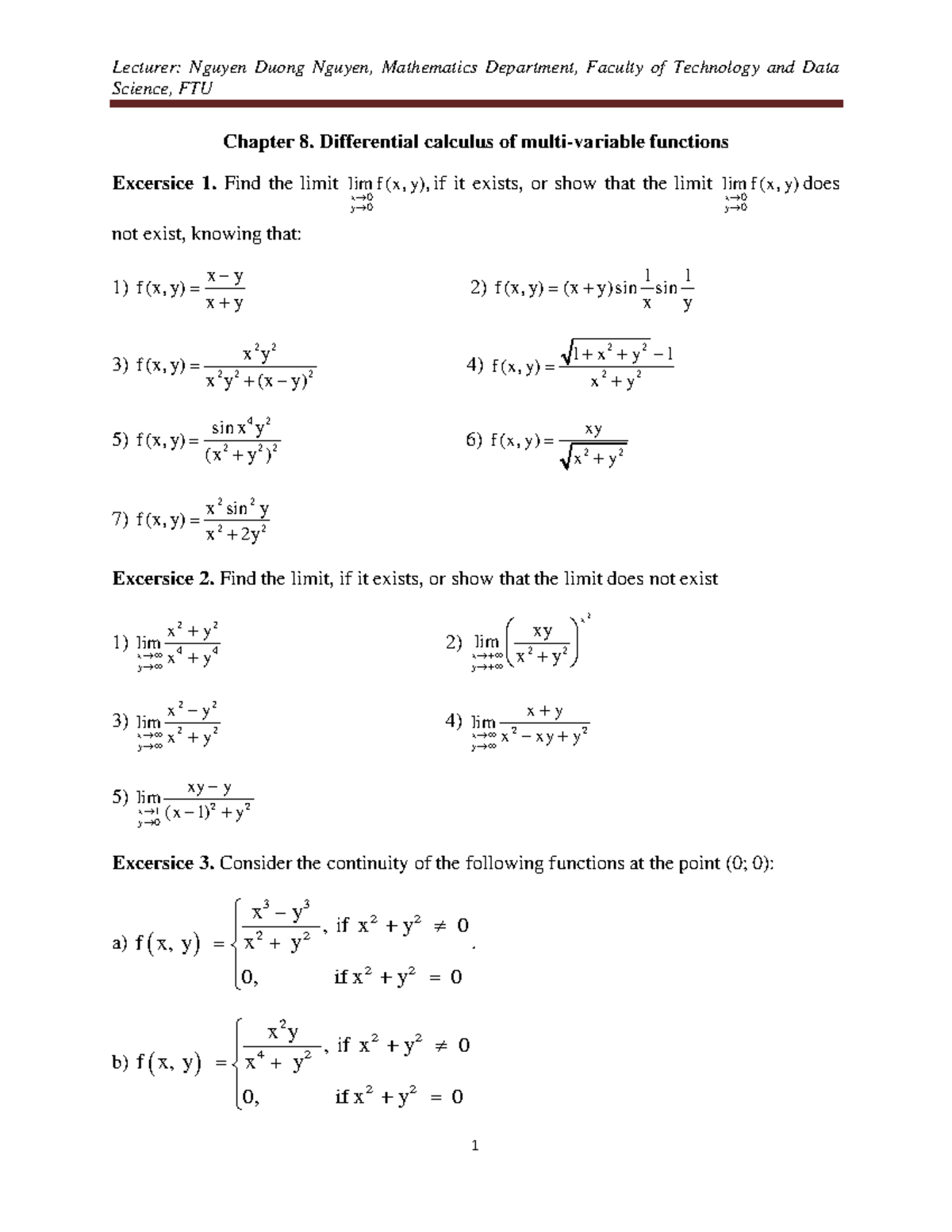 Exercise Chapter 8: Differential Calculus Limits & Continuity TCC - Studocu