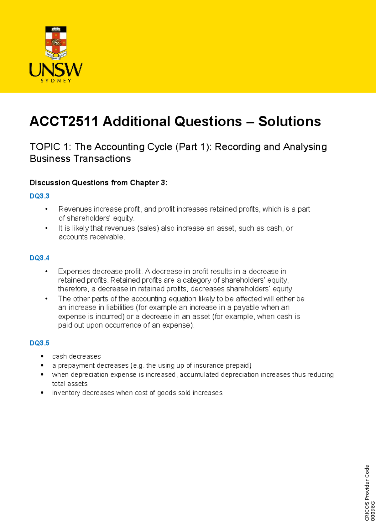 ACCT2511 Topic 1: Solutions to Additional Questions on Accounting Cycle ...