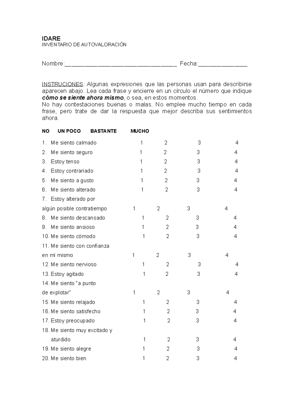 Idare-TEST Ansiedad - IDARE INVENTARIO DE AUTOVALORACIÓN Nombre