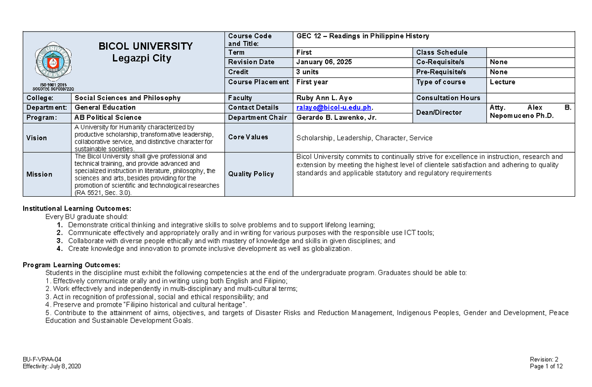 GEC-12 Syllabus - BICOL UNIVERSITY Legazpi City Course Code and Title ...