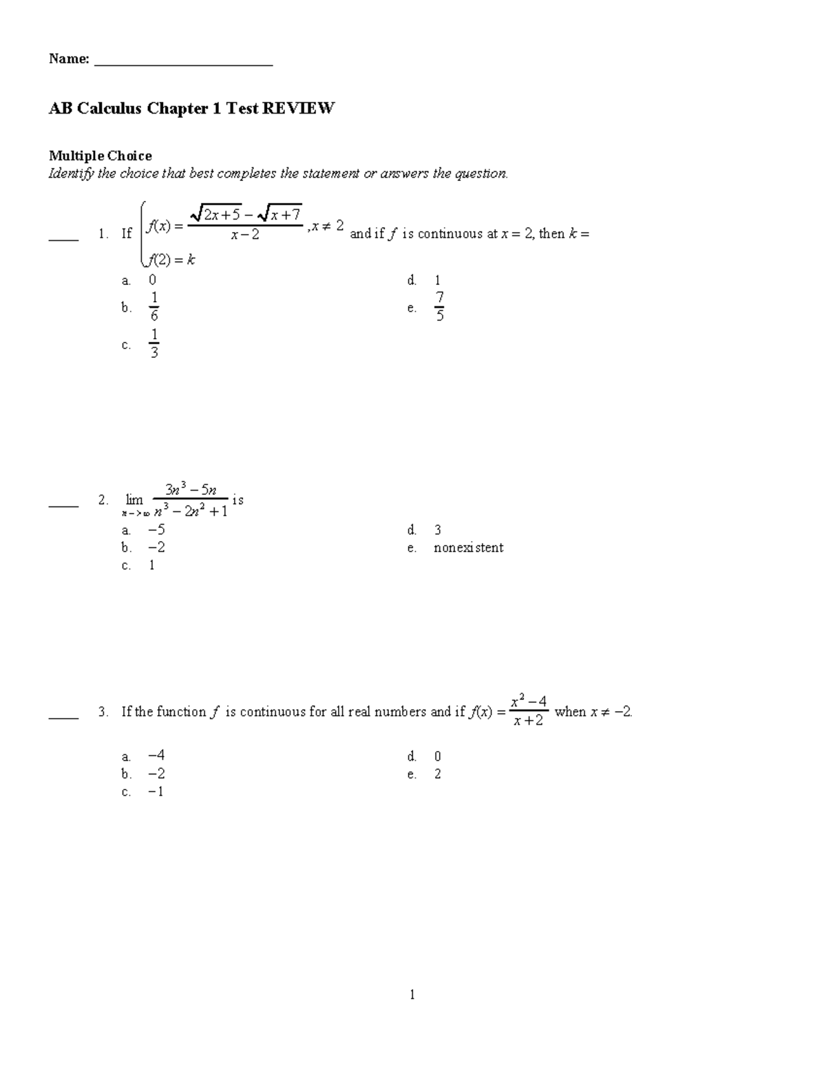 AB Calculus (MATH101) Chapter 1 Test Review: Limits and Continuity ...