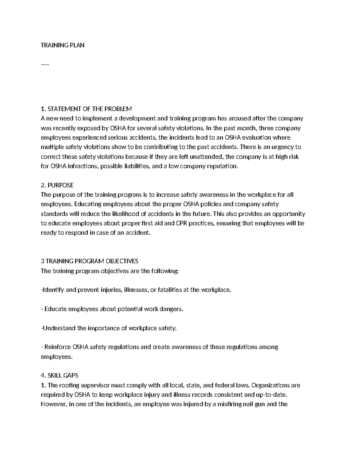 C235 Training PLAN - TRAINING PLAN - 1. STATEMENT OF THE PROBLEM A new ...