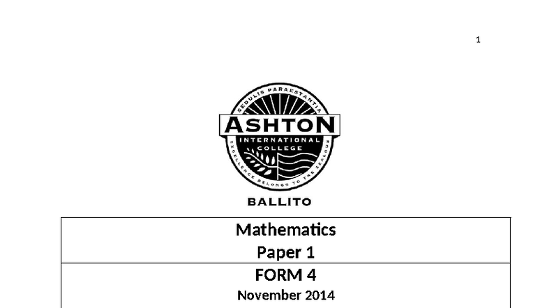 F4 Mathematics Paper 1 November 2014 Exam Questions and Solutions - Studocu