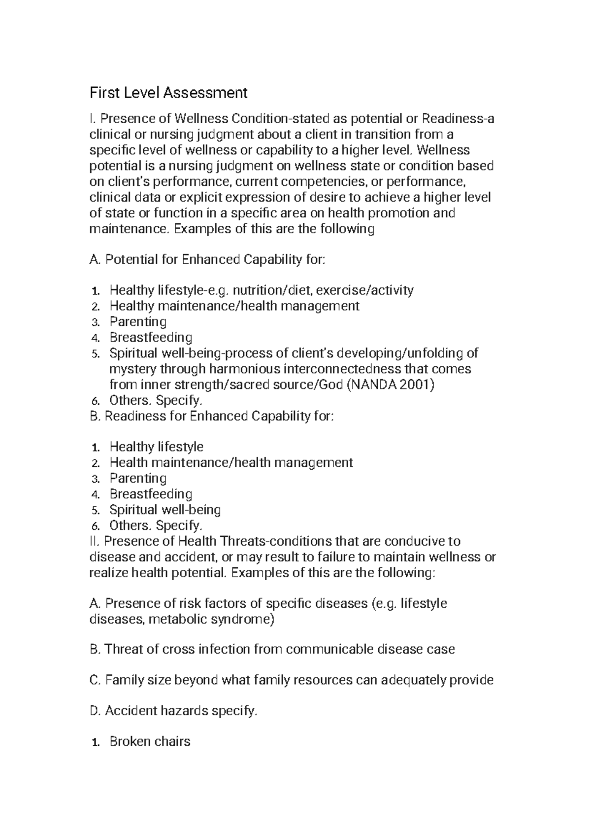 NURS 101: First Level Assessment I - Wellness and Health Potential ...
