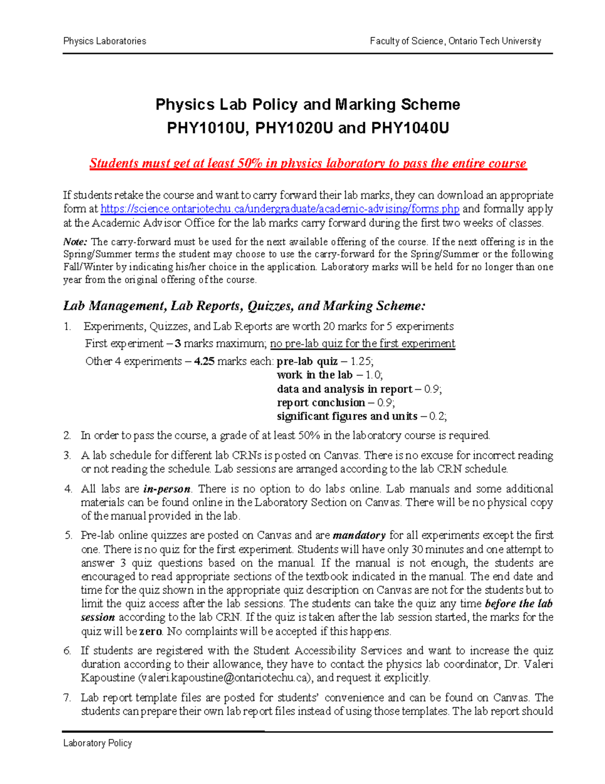 Lab Policy - work - Physics Laboratories Faculty of Science, Ontario ...