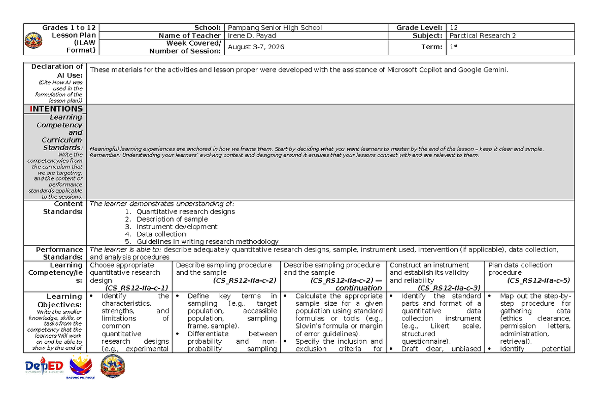 Practical Research 2 Lesson Plan for Term 1 Week 9 (ILAW Format) - Studocu