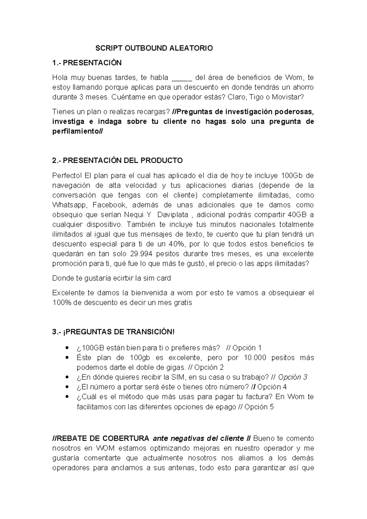 SCRIPT DE OUTBOUND ALEATORIO PARA PRESENTACIÓN DE BENEFICIOS - Studocu