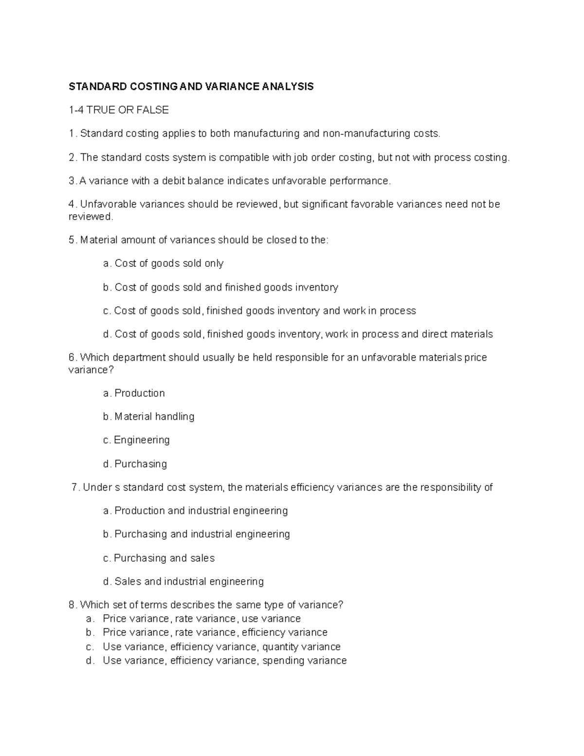 Standard Costing AND Variance Analysis QUIZ Questions and Answers - Studocu