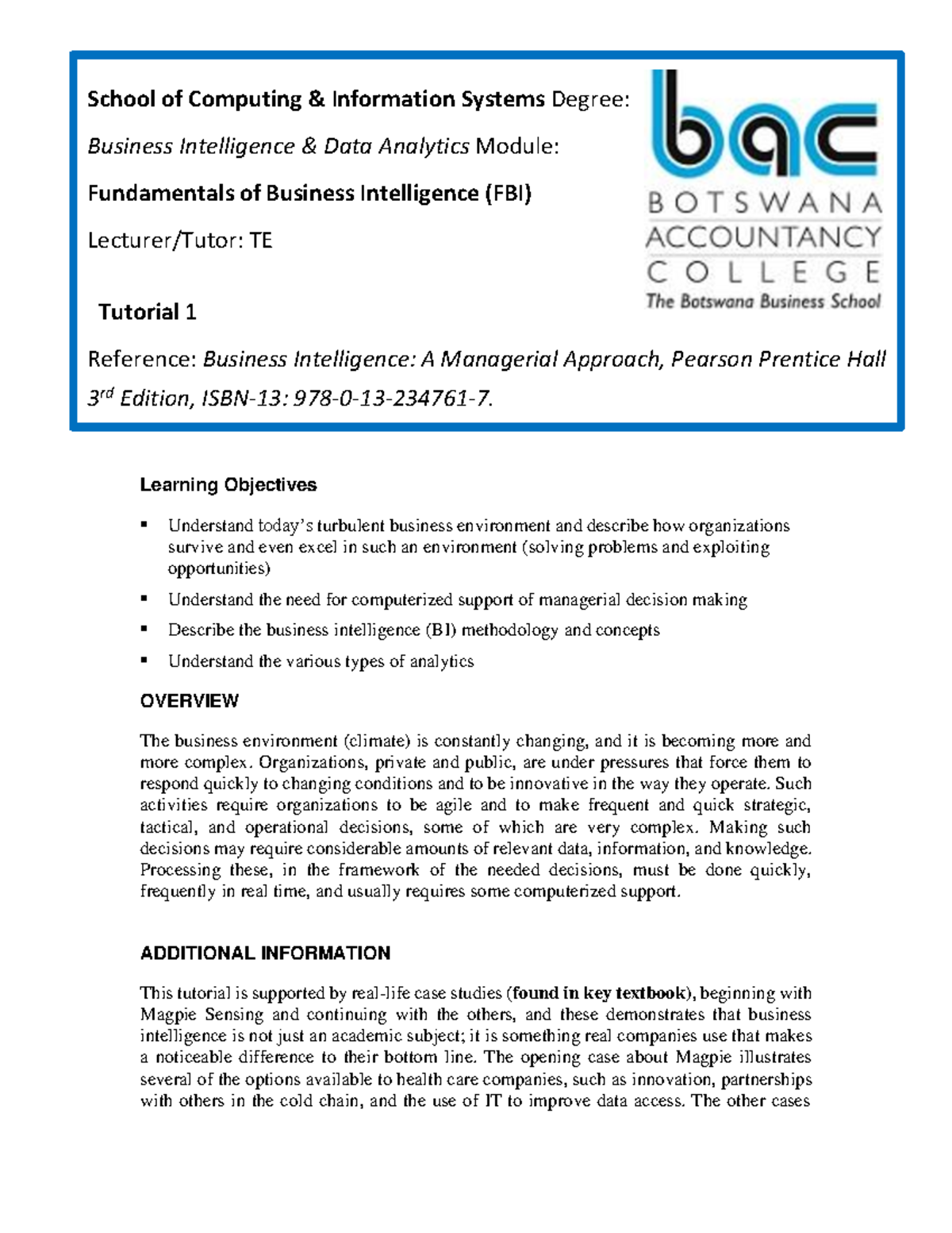 FBI Module: Fundamentals of Business Intelligence Tutorial 1 Overview ...