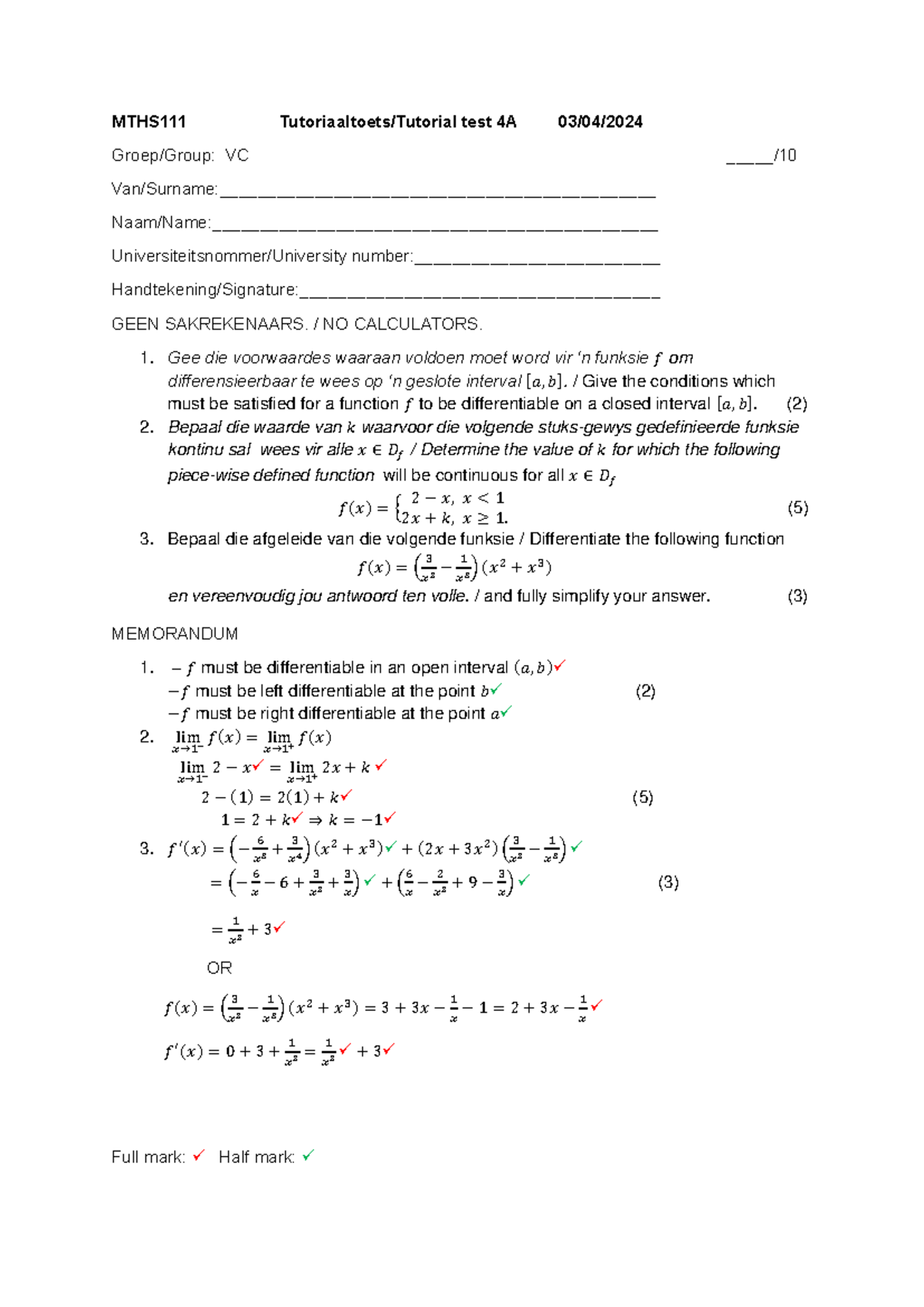 MTHS111 Test 4 Memo - Practice more questions - MTHS11 1 Tutoriaaltoets ...