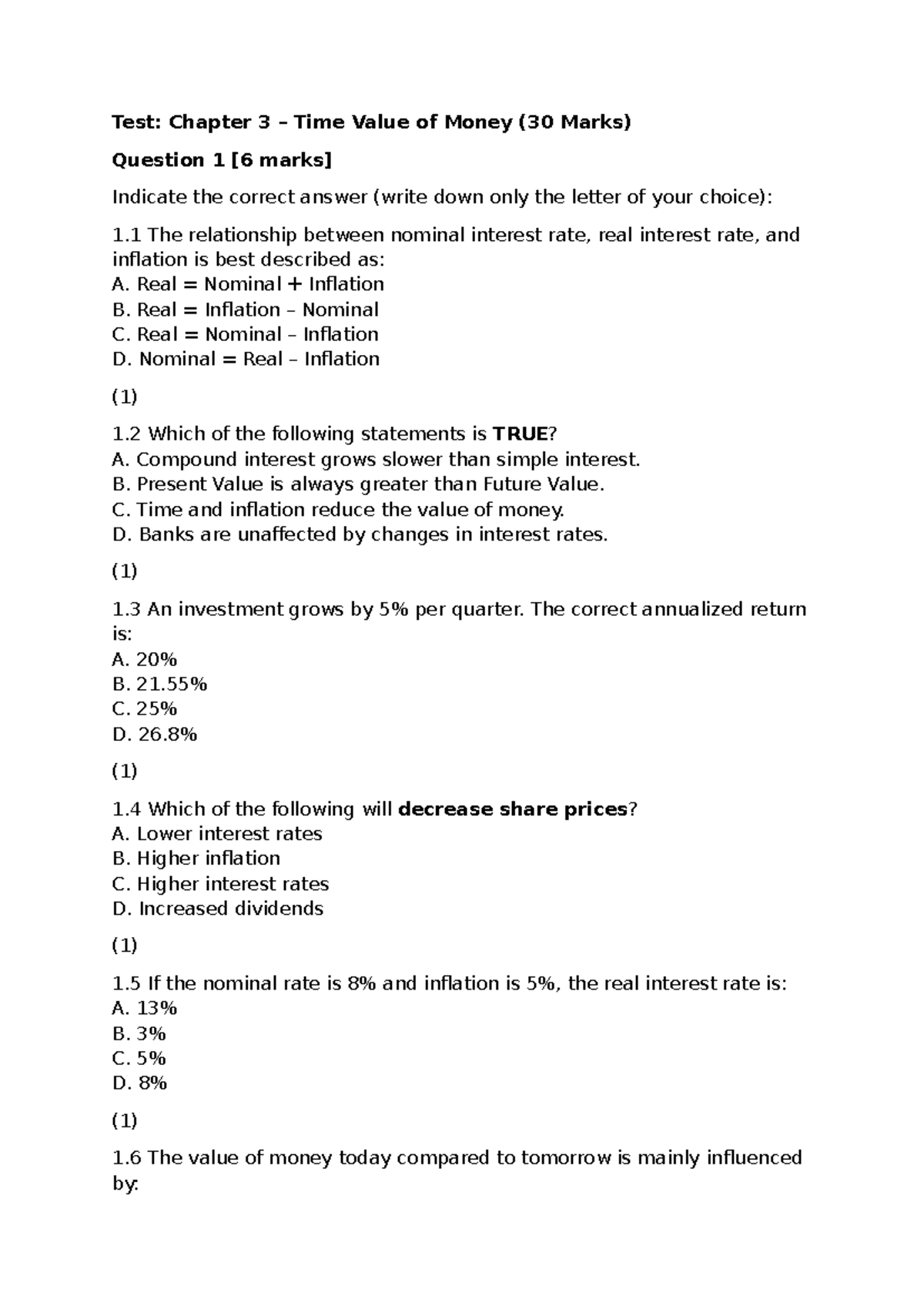 Test: Chapter 3 - Time Value of Money Practice Questions (30 Marks ...