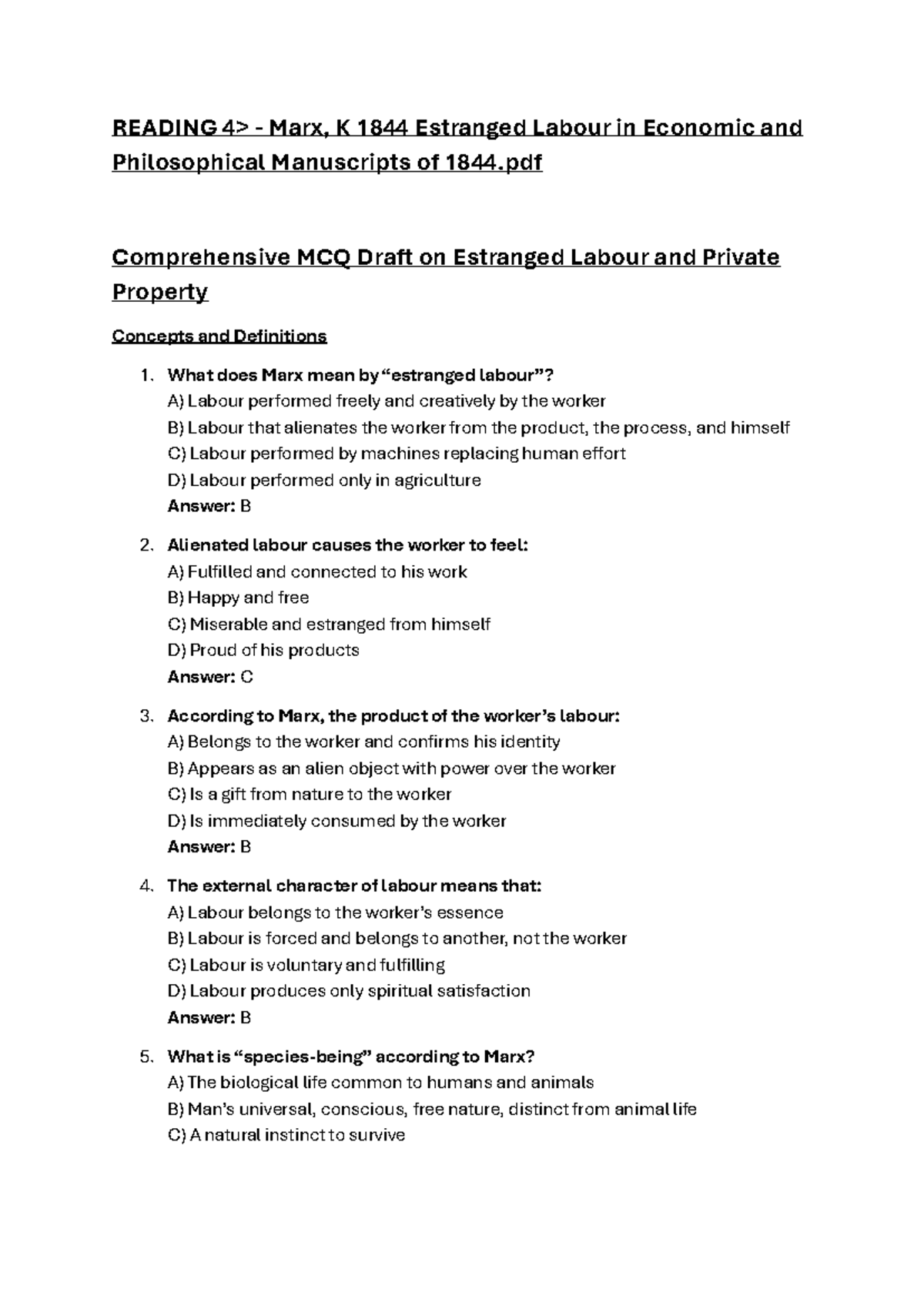 Comprehensive MCQ Draft on Marx's Estranged Labour Concepts (Course ...
