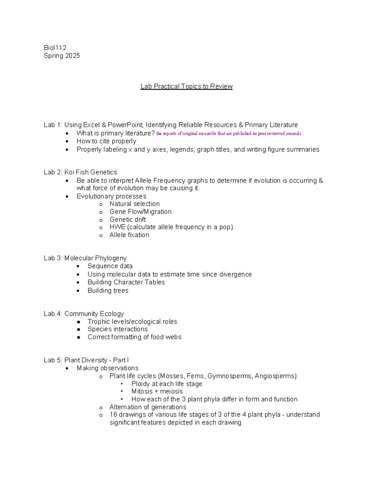 Lab Practical Review Topics for BIOL112 - Spring 2025 - Studocu