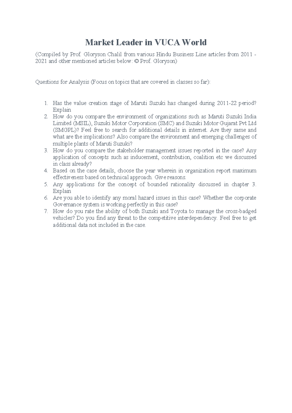 Market Leader in VUCA World: Analysis Questions for MSIL (2023) - Studocu