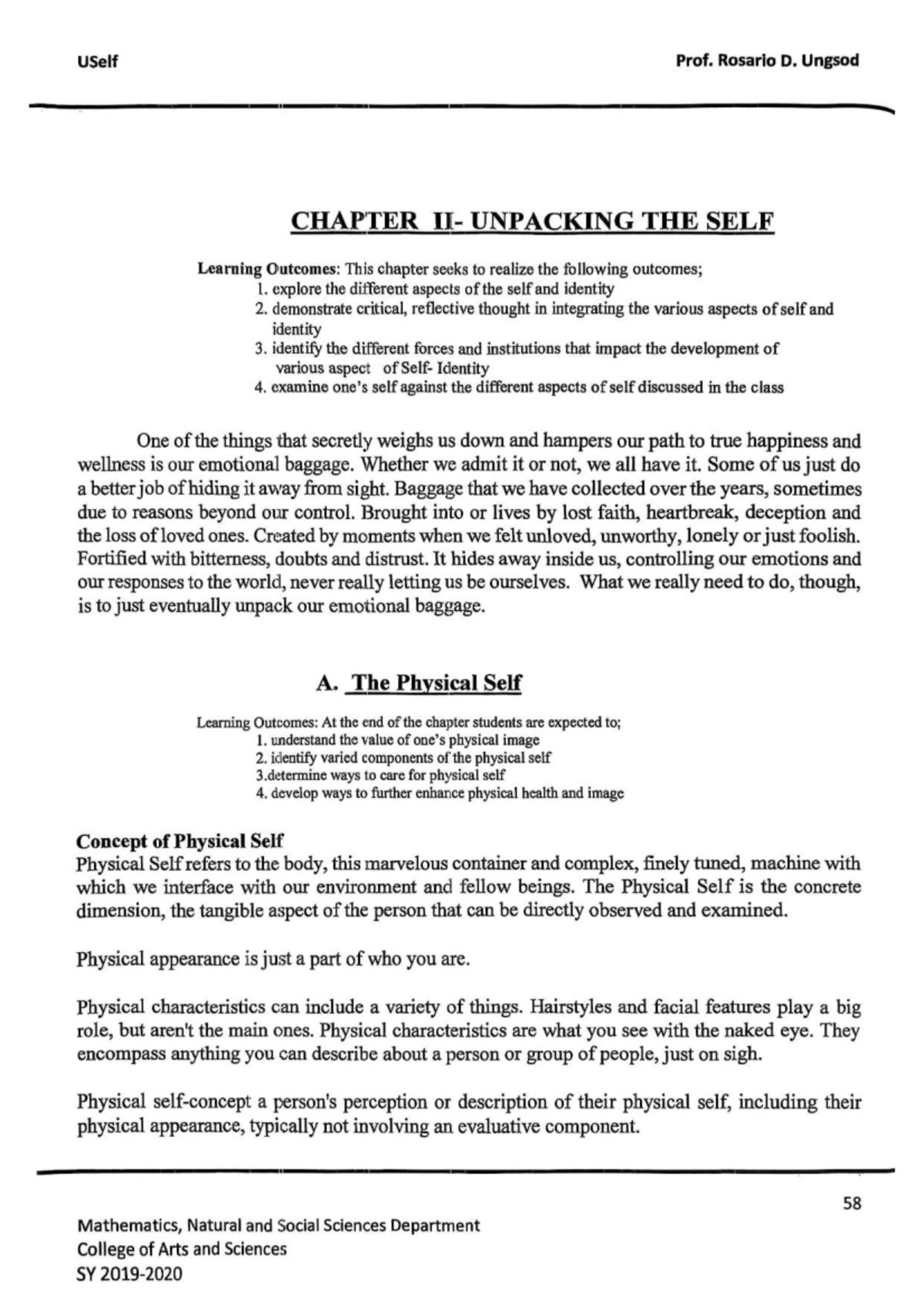 USelf Prof. Rosario D. Ungsod CHAPTER: UNPACKING THE SELF & IDENTITY ...