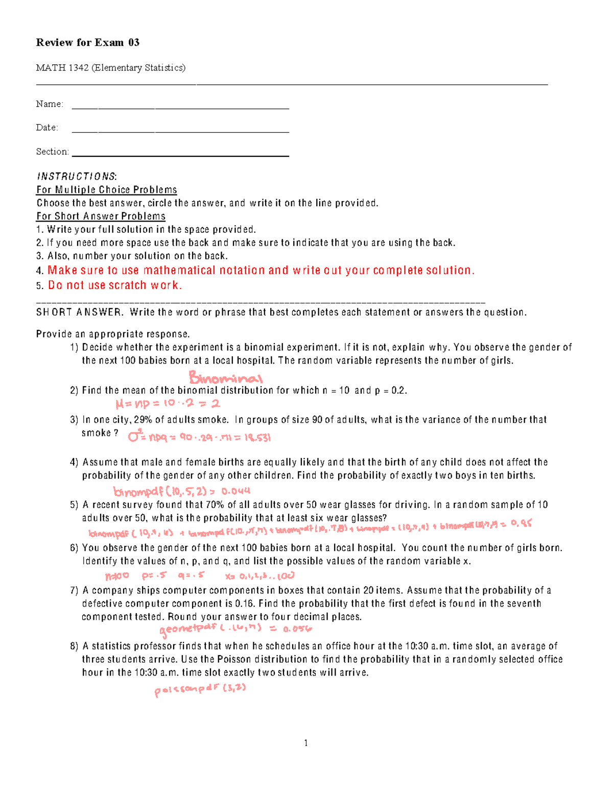 MATH 1342 Final Exam Review: Elementary Statistics Exam 03 - Studocu