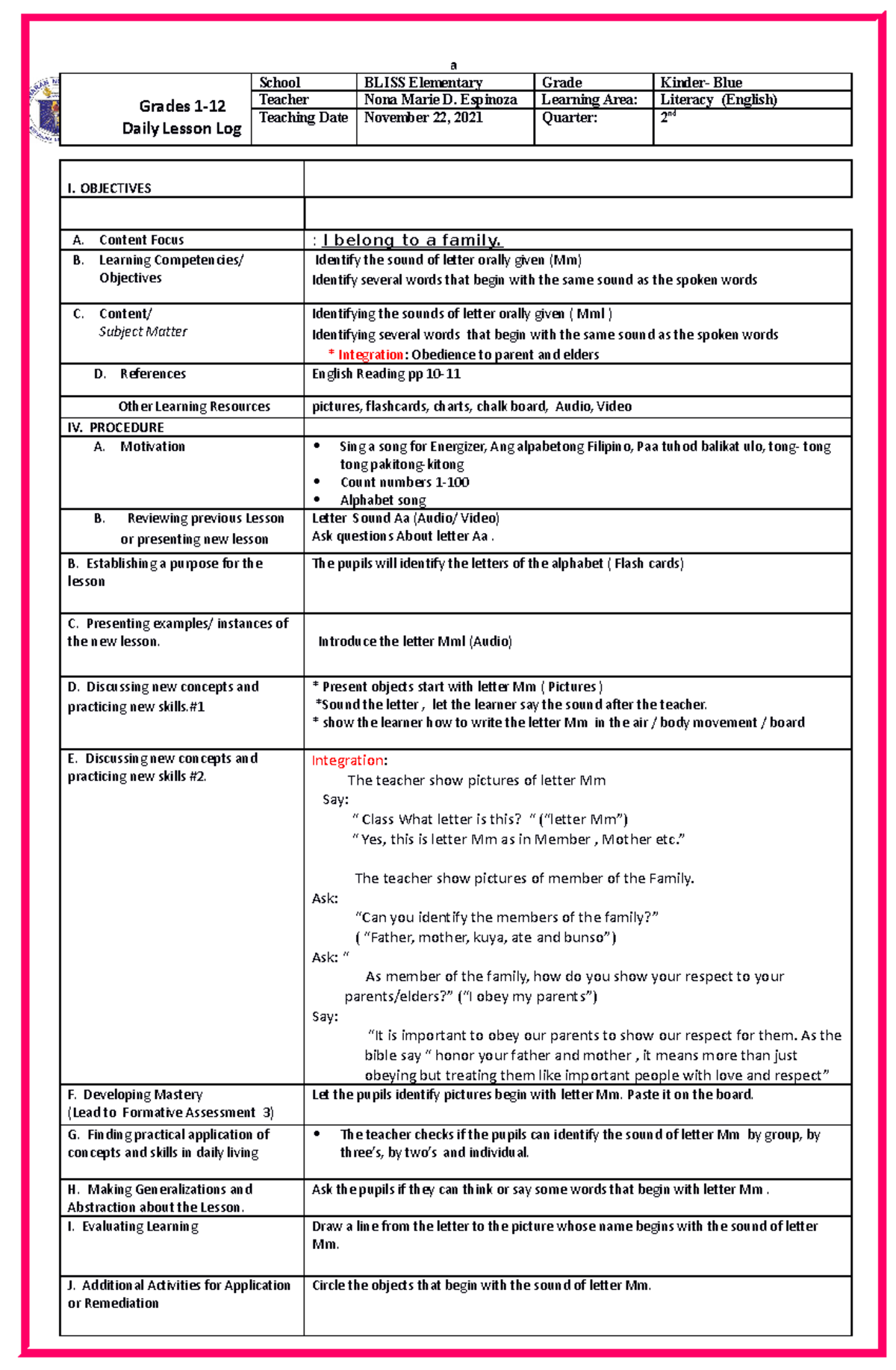 Daily Lesson Log: Letter M - Kinder Literacy Plan (BLISS Elem) - Studocu
