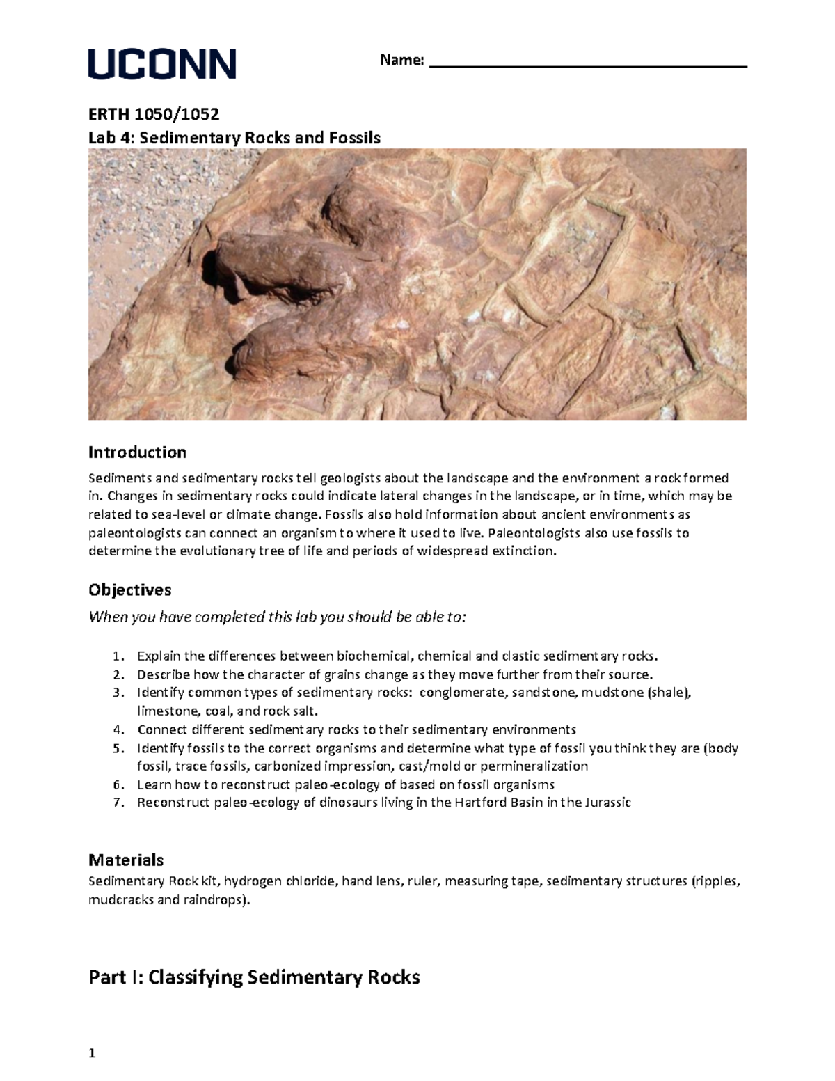 ERTH1052 Lab 4 (Sed Rocks Fossils) Student - Name