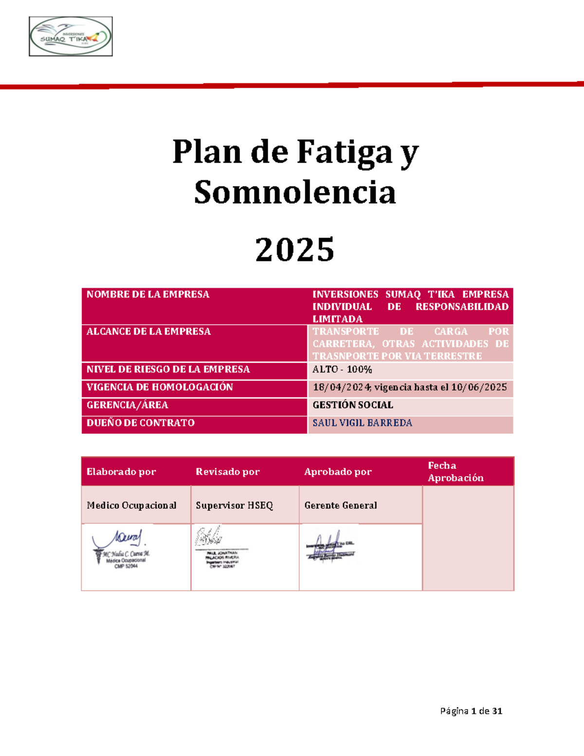Plan de Fatiga y Somnolencia 2025 - Inversiones Sumaq E.I.R.L. - Document Preview