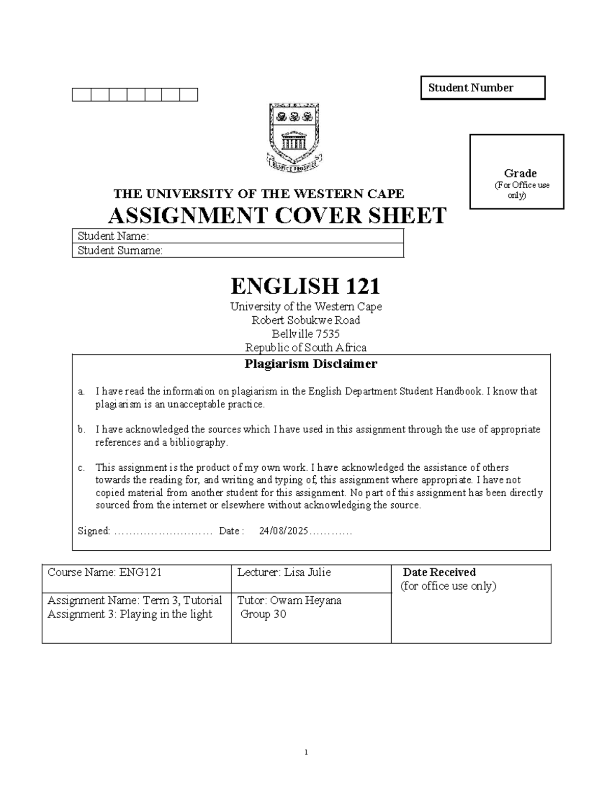 ENG121 Term 3 Assignment: Analyzing Family Dynamics in Wicomb's ...