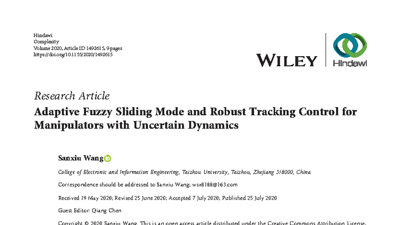 Adaptive Fuzzy Sliding Mode Control for Robotic Manipulators (2020 ...