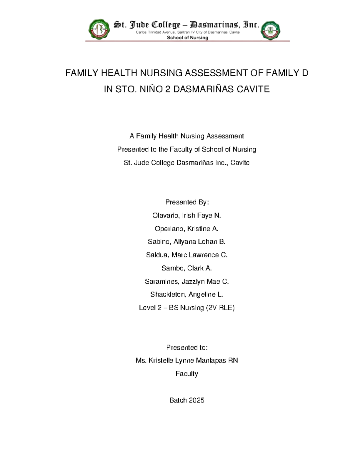 Family Health Nursing Assessment of Family D - CHN RLE 2V - Studocu