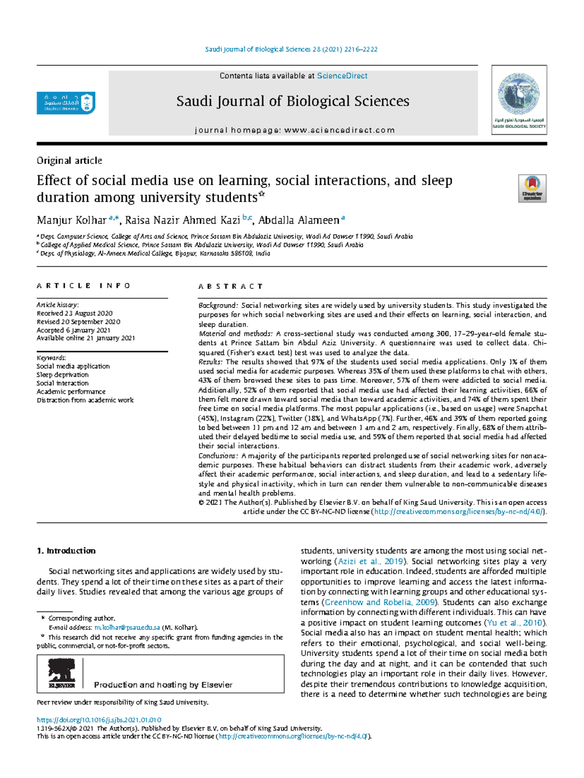 Impact of Social Media on Learning, Interaction, and Sleep in Univ ...