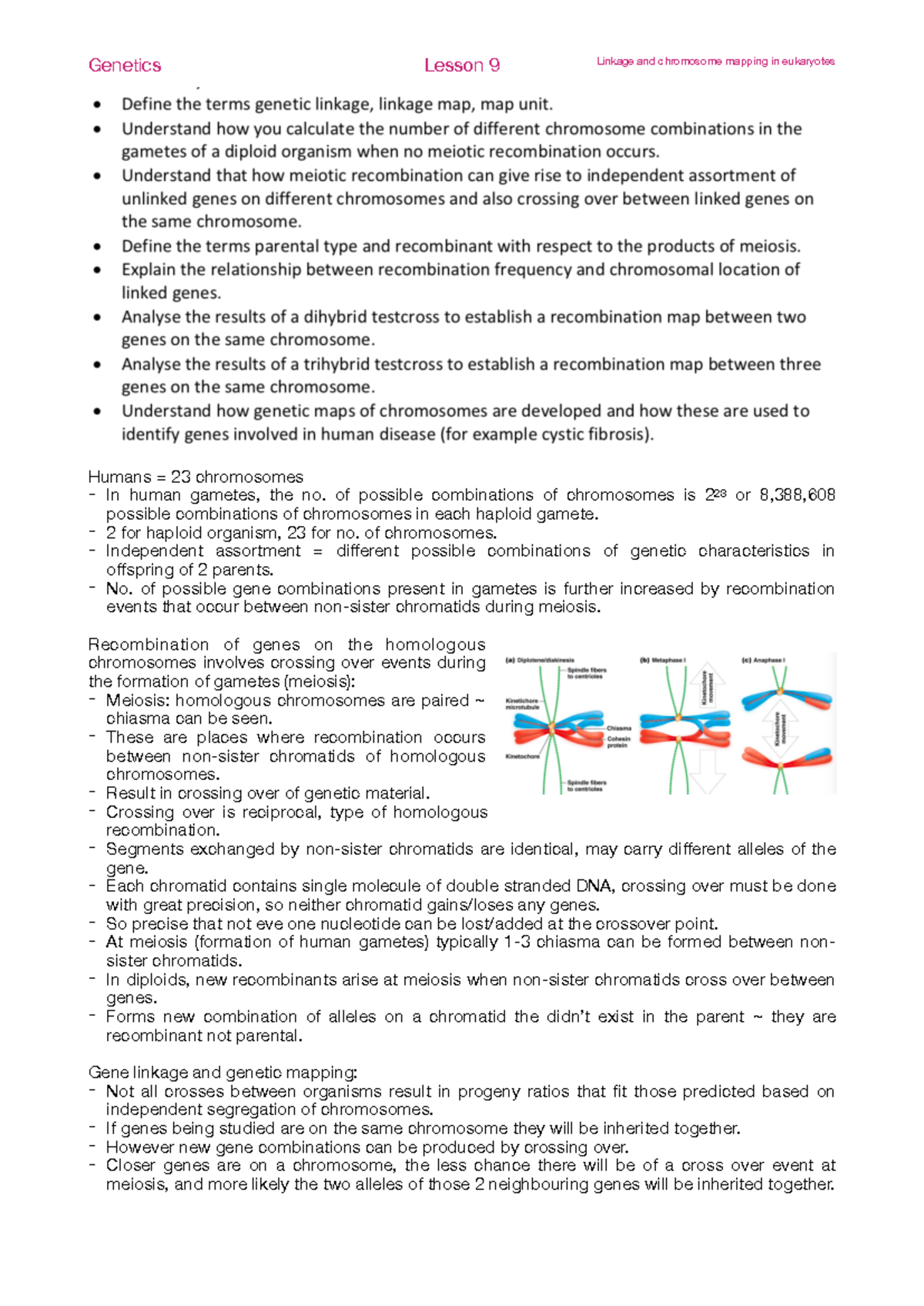 10) Linkage and chromosome mapping in eukaryotes - Humans = 23 ...