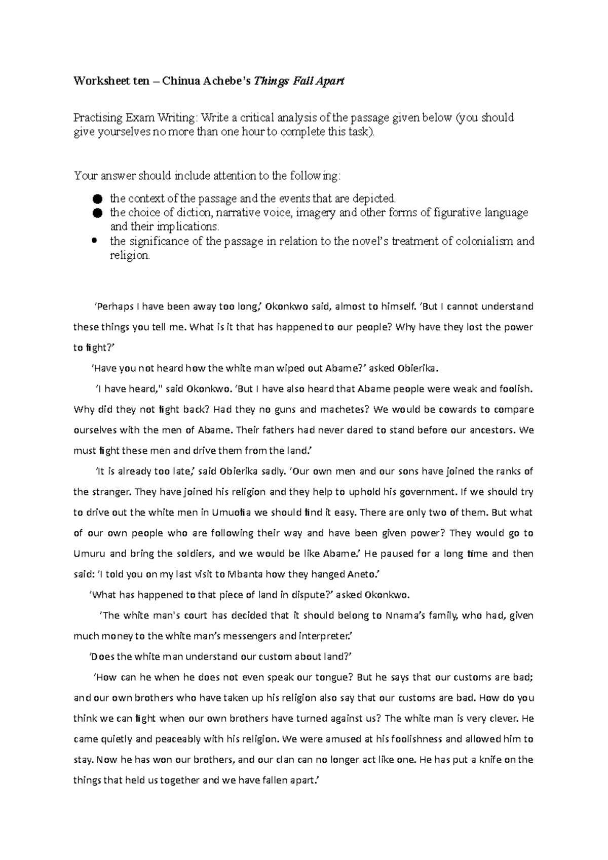 Worksheet: Critical Analysis of Passage in Things Fall Apart - Studocu