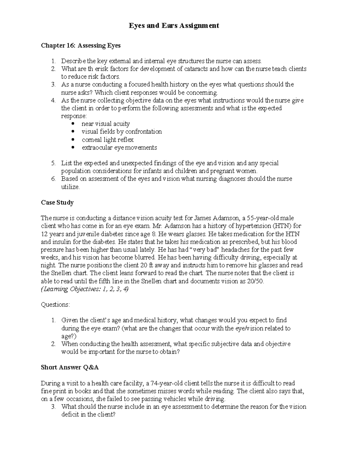 Eyes+Ears+Assignment - Eyes and Ears Assignment Chapter 16: Assessing ...
