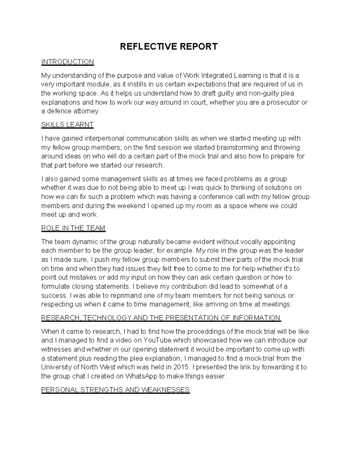 REFLECTIVE REPORT ON WORK INTEGRATED LEARNING (WIL) - Studocu
