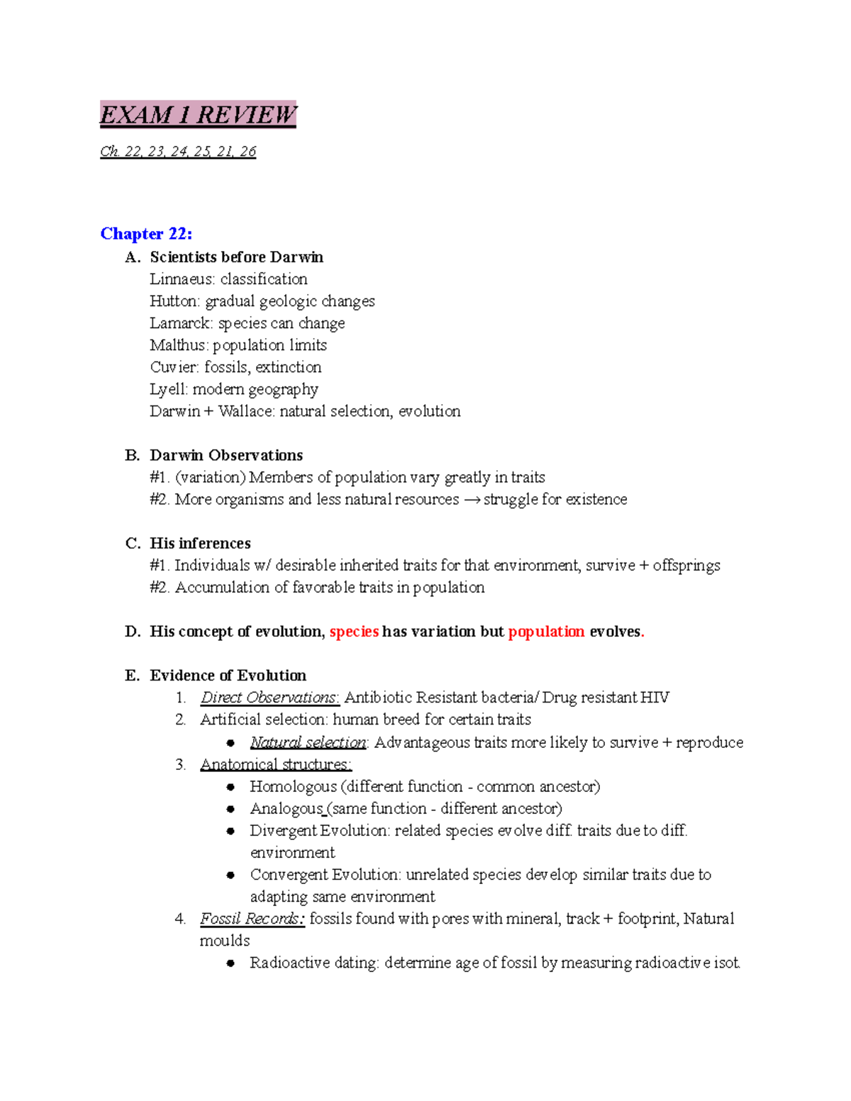 BIO 220 Exam 1 Review: Key Concepts in Evolution and Genetics - Studocu