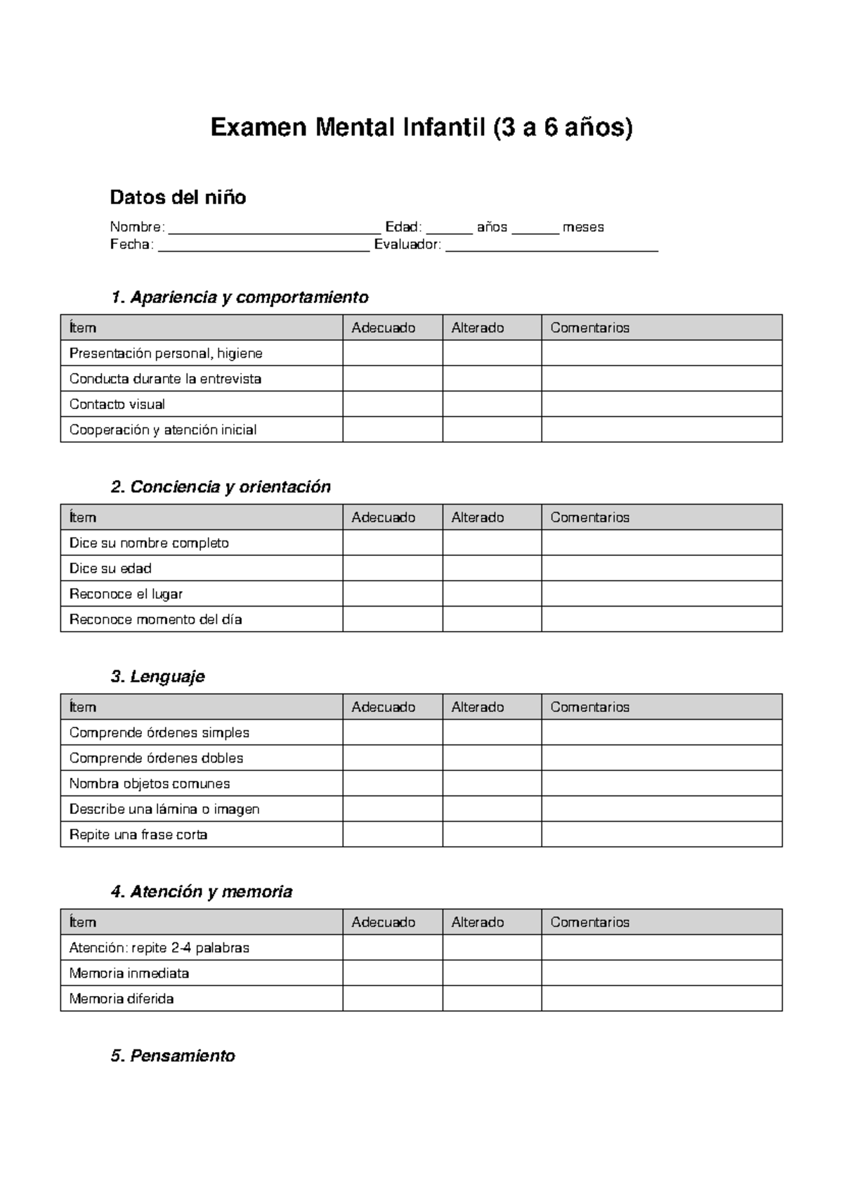 Examen Mental Infantil (3 a 6 años) - Evaluación y Resultados - Document Preview