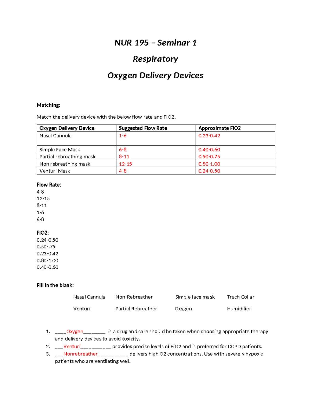 NUR 195 Seminar 1: Oxygen Delivery Devices Flow Rates & FiO2 Matching ...