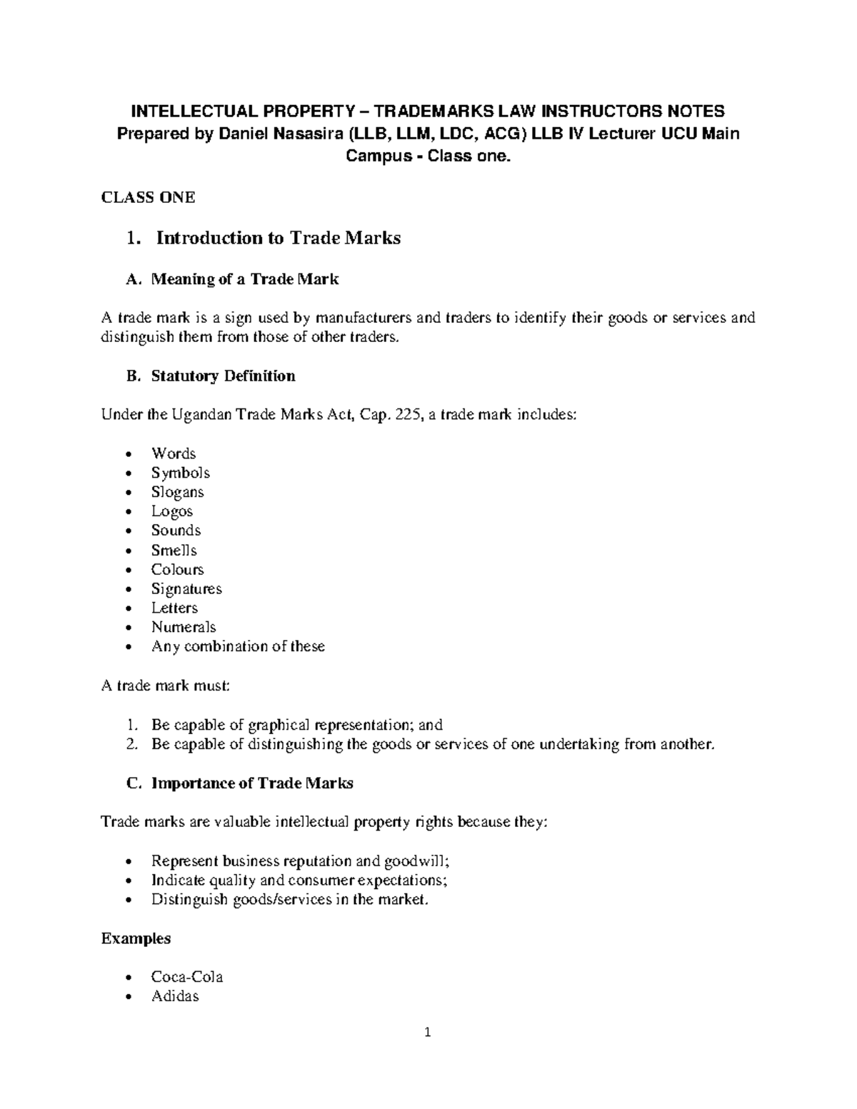 Trademarks Law Instructors Notes - UCU LLB IV Class One - Studocu