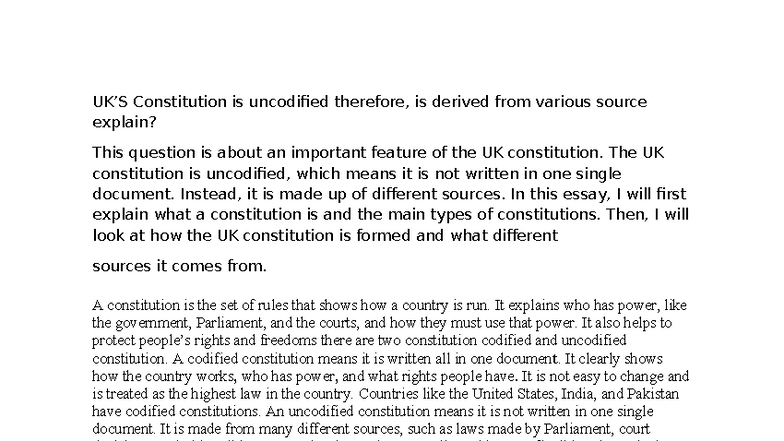 Awais Public Law: Understanding the Uncodified UK Constitution - Studocu