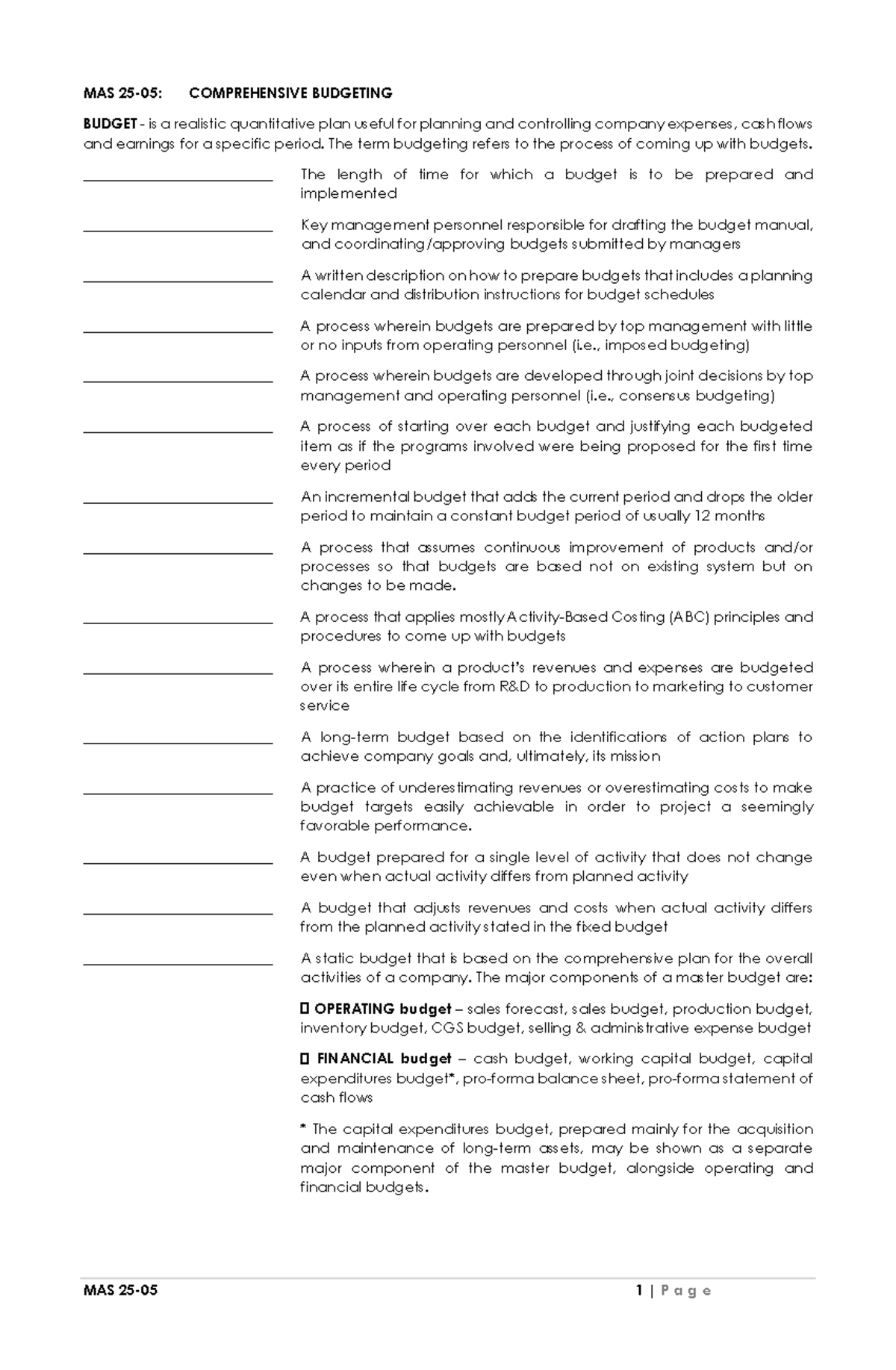 25 05 MAS REV Comprehensive Budgeting Guide - Studocu