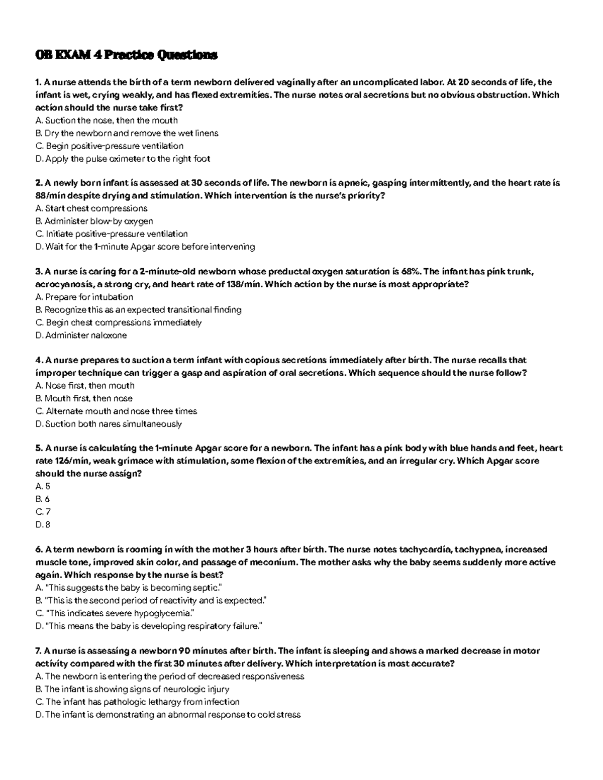 OB 4 Exam Practice Questions: Newborn Assessment & Interventions - Studocu