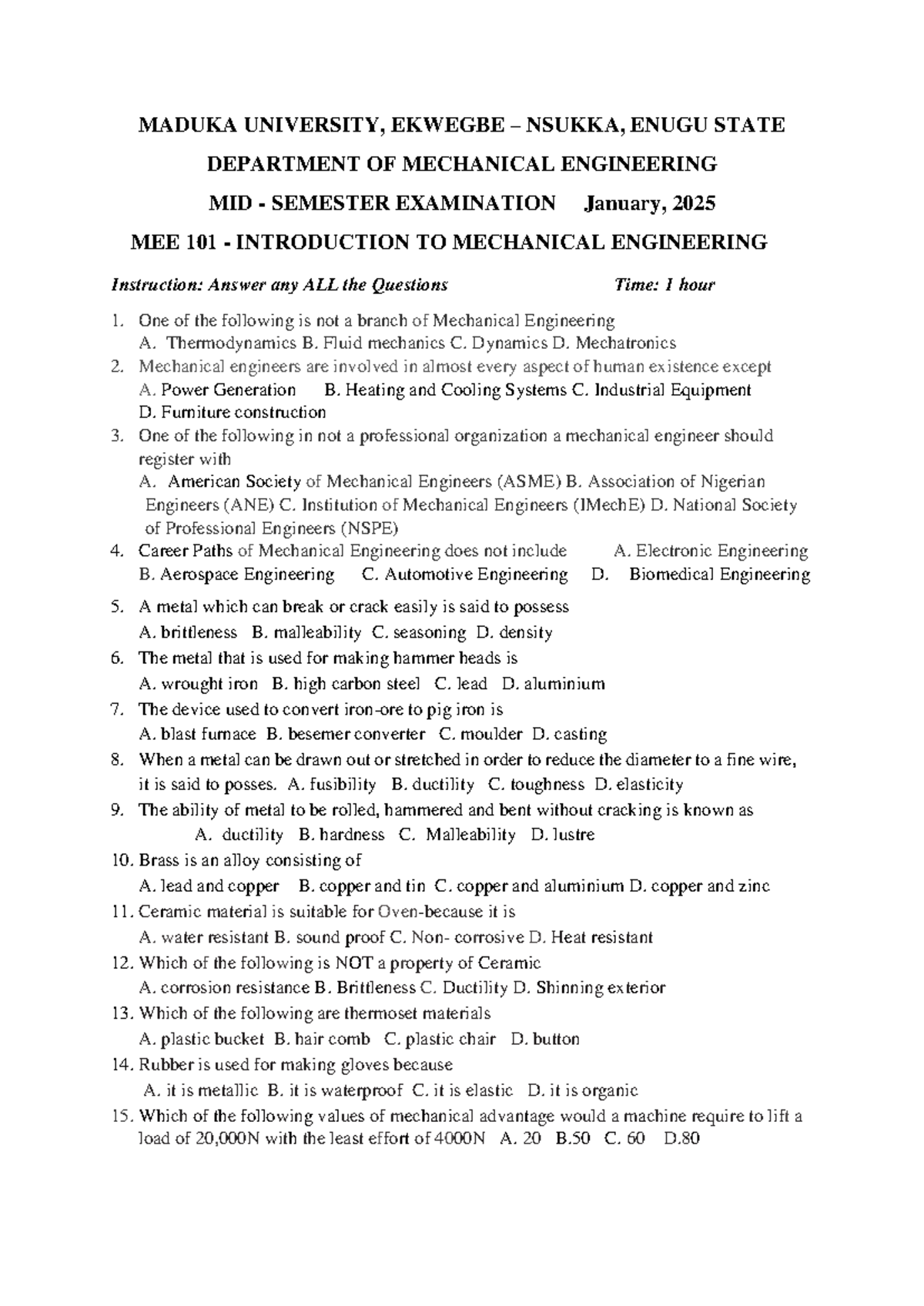 MEE 101 Mid Semester Exam Questions & Answers - January 2025 - Studocu