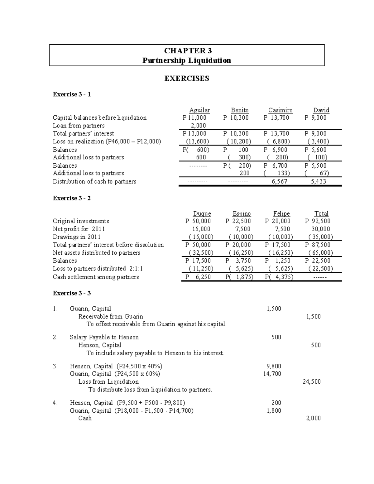 Partnership Liquidation Exercises and Cash Distribution Analysis (Ch03 ...
