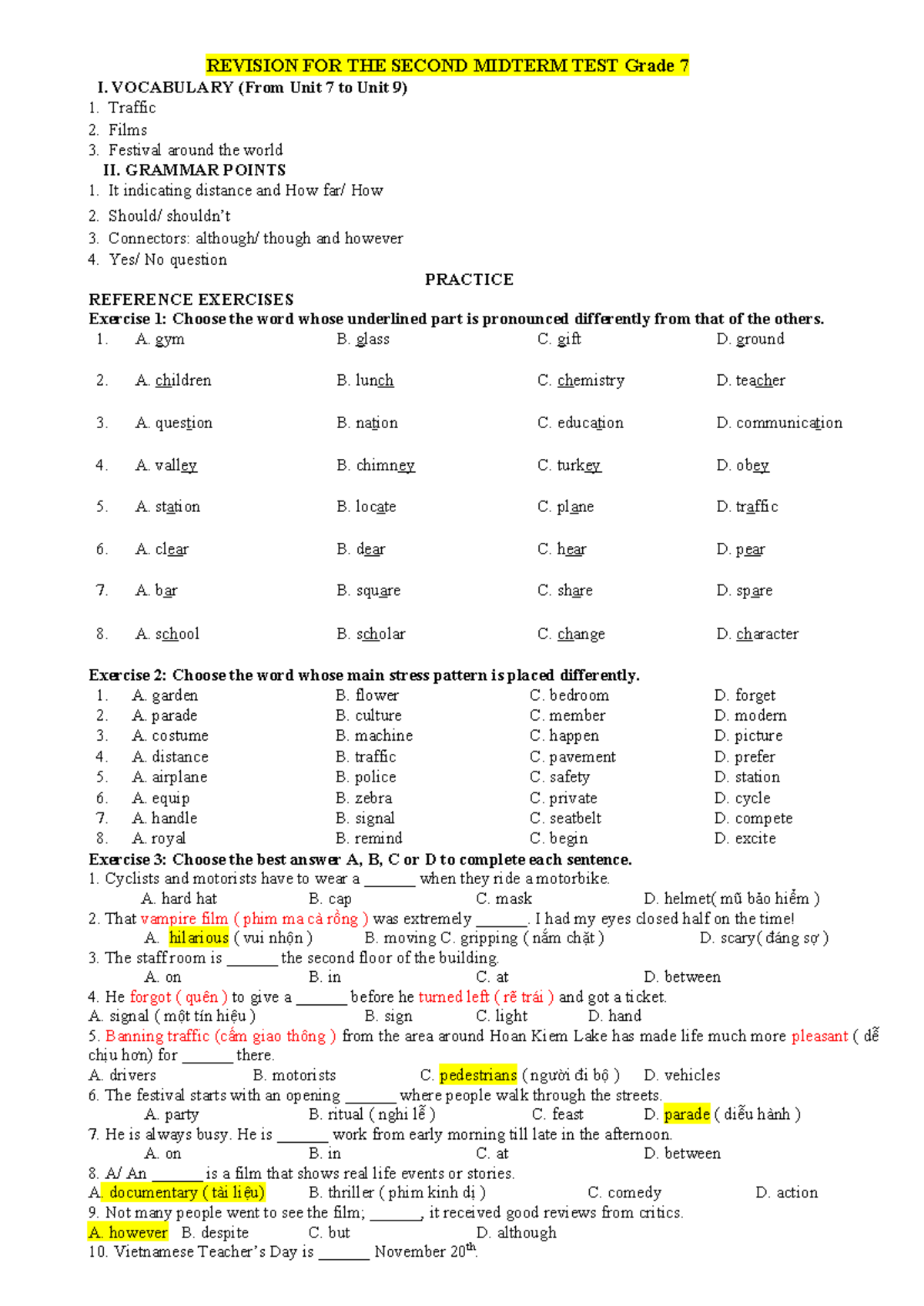 Grade 7 English Midterm Review: Vocabulary & Grammar Focus - Studocu