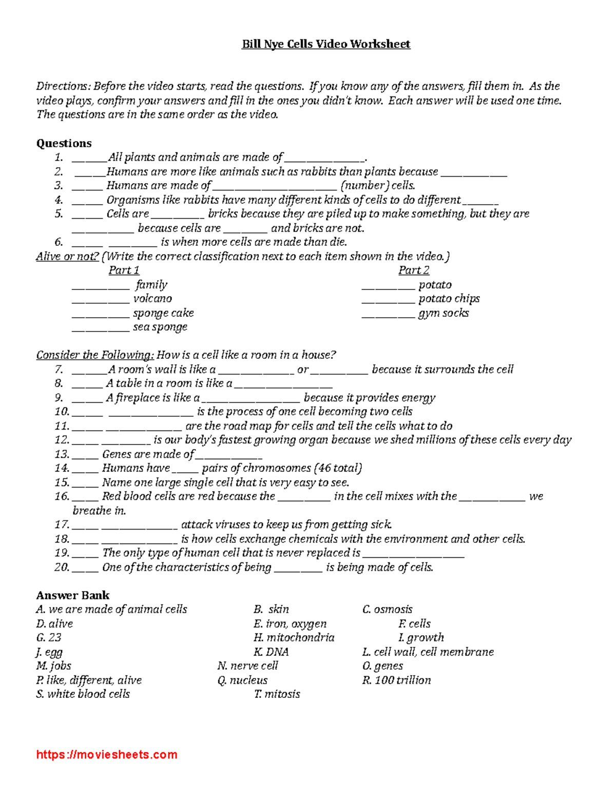 Bill Nye Cells Video Worksheet - Key Questions \u0026 Answers (2023) - Studocu, image size:1200x1553