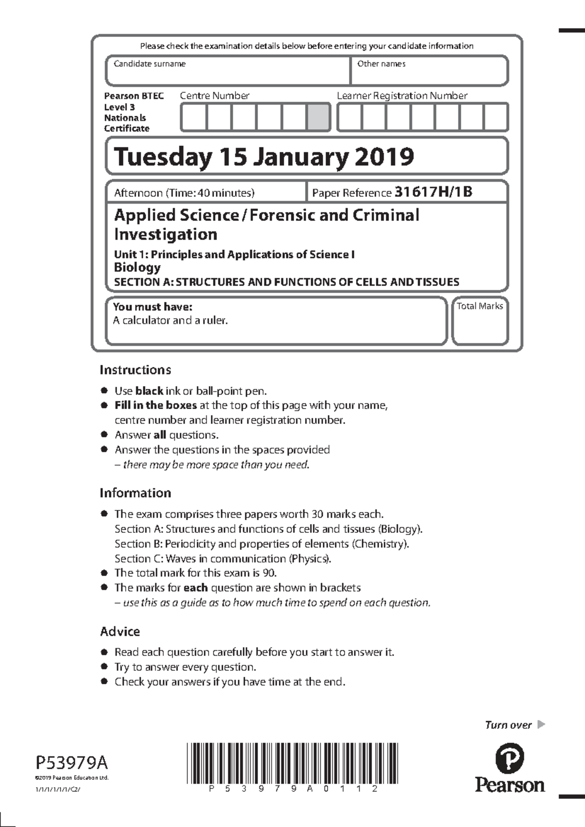 BTEC Level 3 Applied Science Unit 1 Exam Details - January 2019 - Studocu