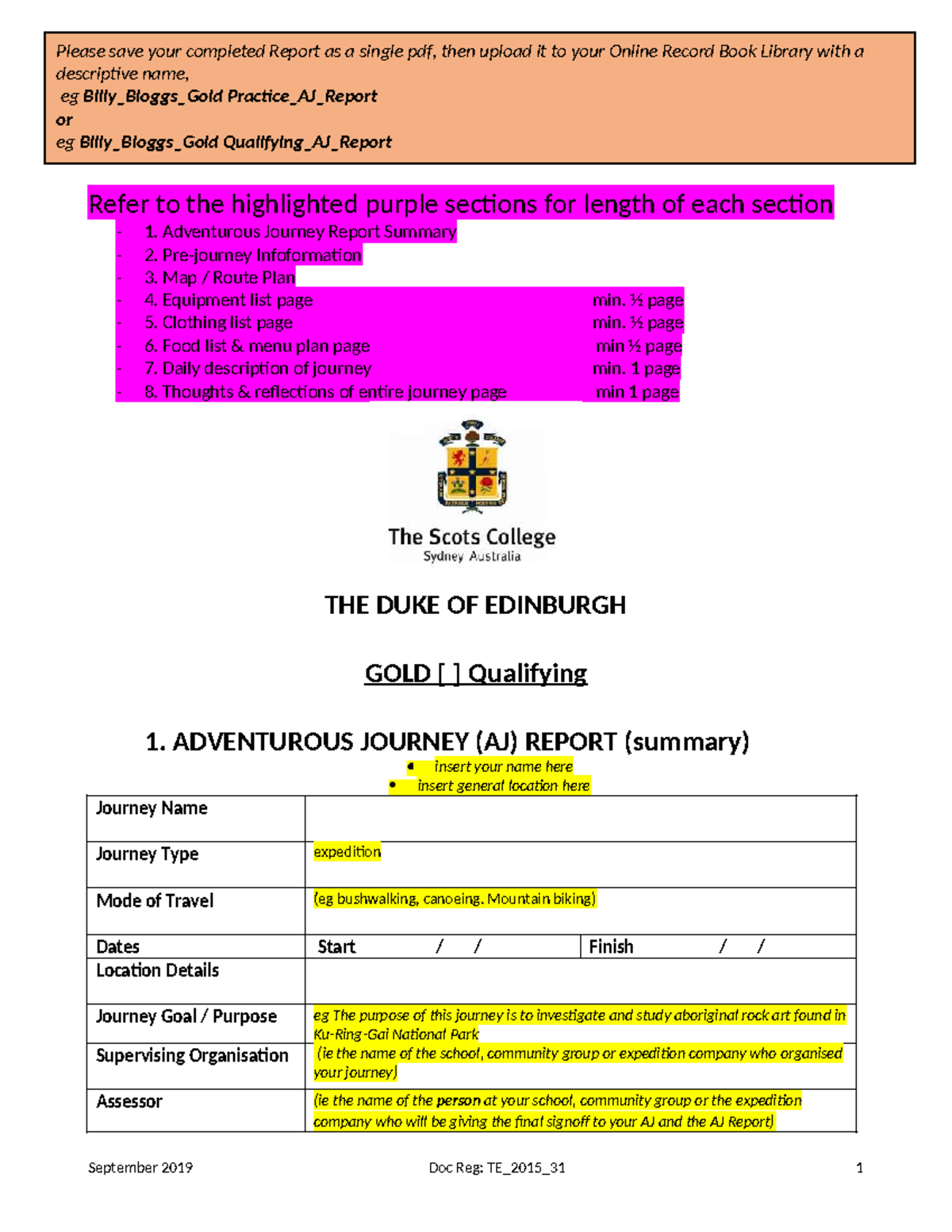 Qualifying Gold Adventurous Journey Report Template (TE_2015_31) - Studocu
