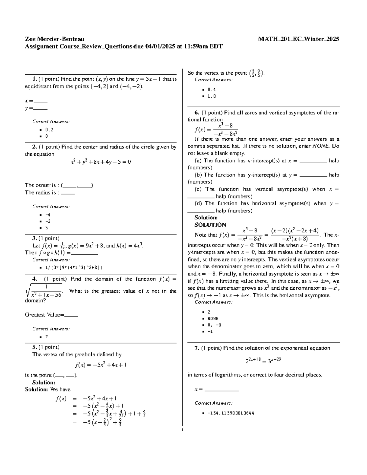 MATH 201 EC Winter 2025 Course Review Questions and Solutions - Studocu